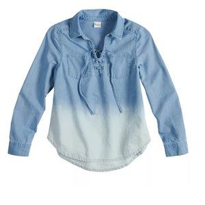 Mudd Blue Long Sleeve Collared w/ Pockets Lace-Up Popover Chambray Ombre Shirt
